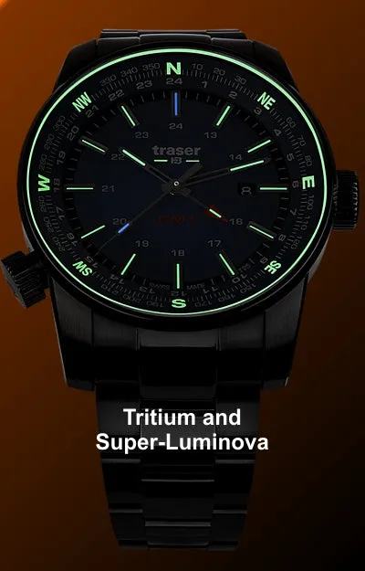 Traser P68 Pathfinder GMT Tritium Watch, Green Dial with Black Steel Bracelet 109525