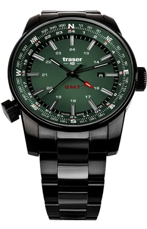 Traser P68 Pathfinder GMT Tritium Watch, Green Dial with Black Steel Bracelet 109525