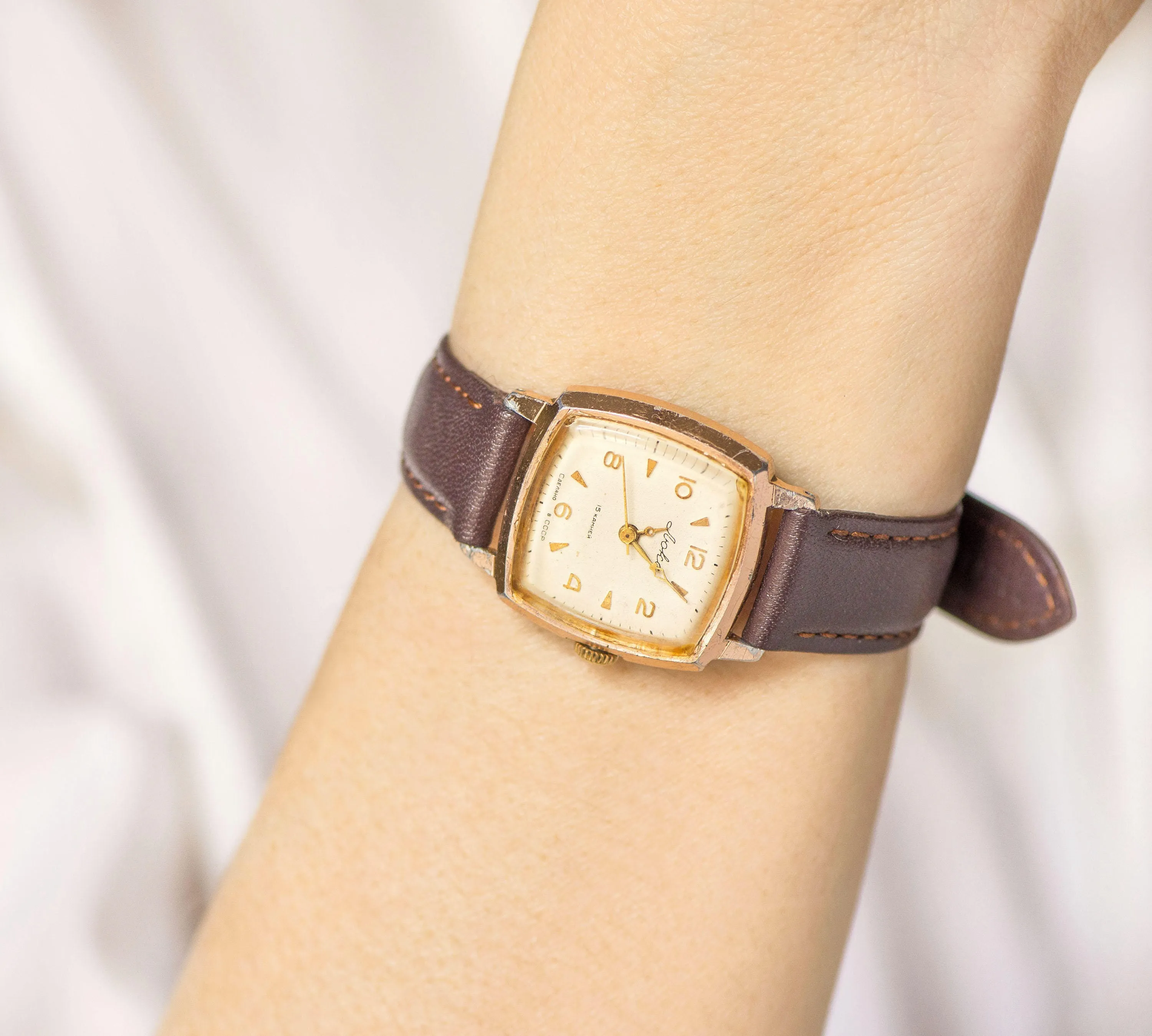 Ultra rare women watch Ljuks Lux, square women's watch Soviet, minimalist watch, gold shade classical watch gift, new premium leather strap