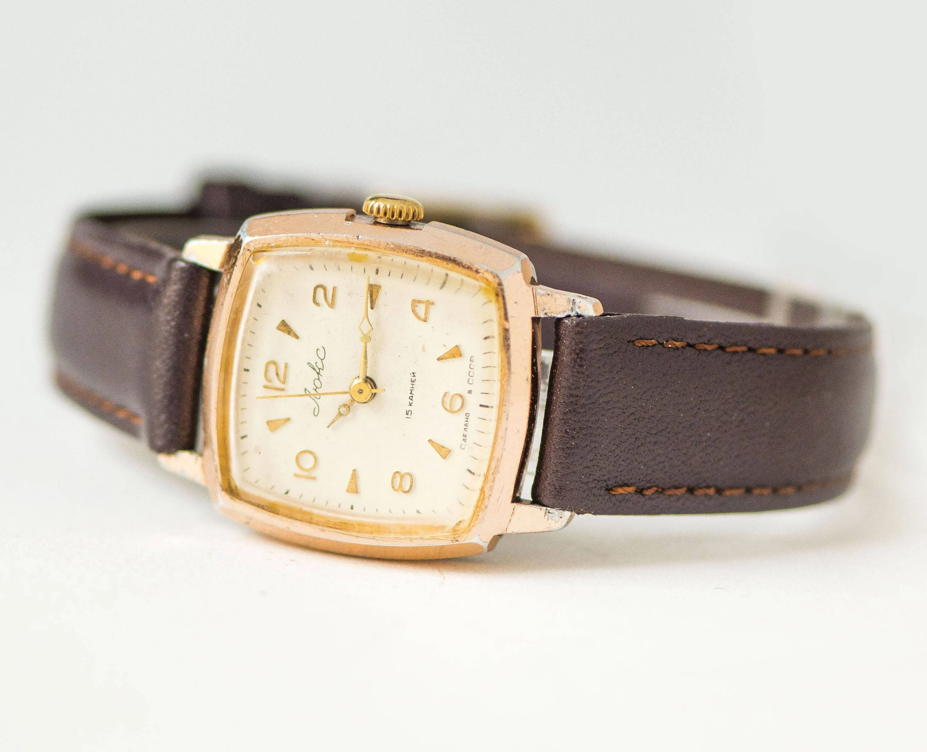 Ultra rare women watch Ljuks Lux, square women's watch Soviet, minimalist watch, gold shade classical watch gift, new premium leather strap