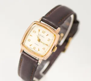 Ultra rare women watch Ljuks Lux, square women's watch Soviet, minimalist watch, gold shade classical watch gift, new premium leather strap