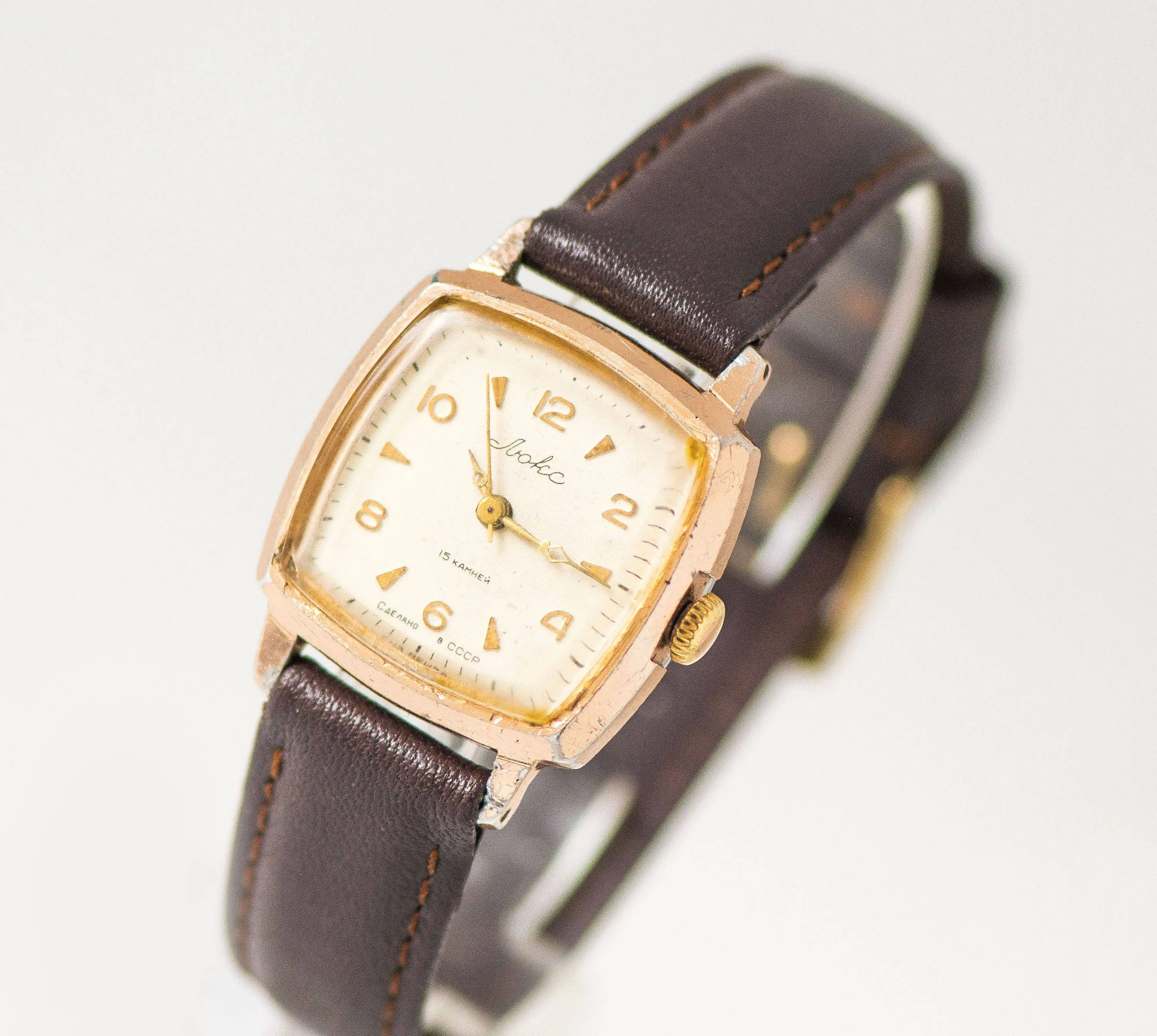 Ultra rare women watch Ljuks Lux, square women's watch Soviet, minimalist watch, gold shade classical watch gift, new premium leather strap