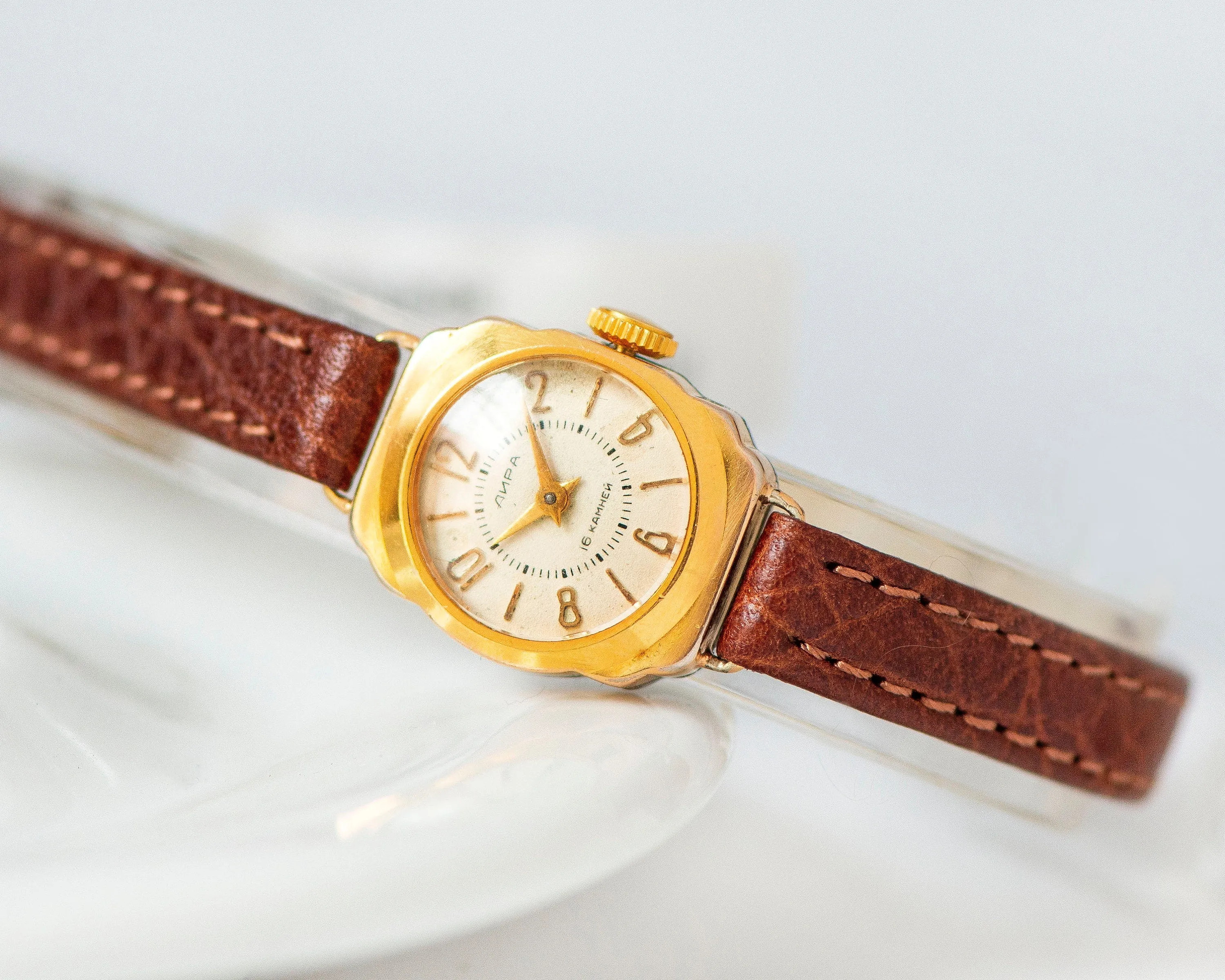 Very small women’s watch Lyre, micro watch gold plated vintage, classic lady watch musician gift, petite watch, new premium leather band