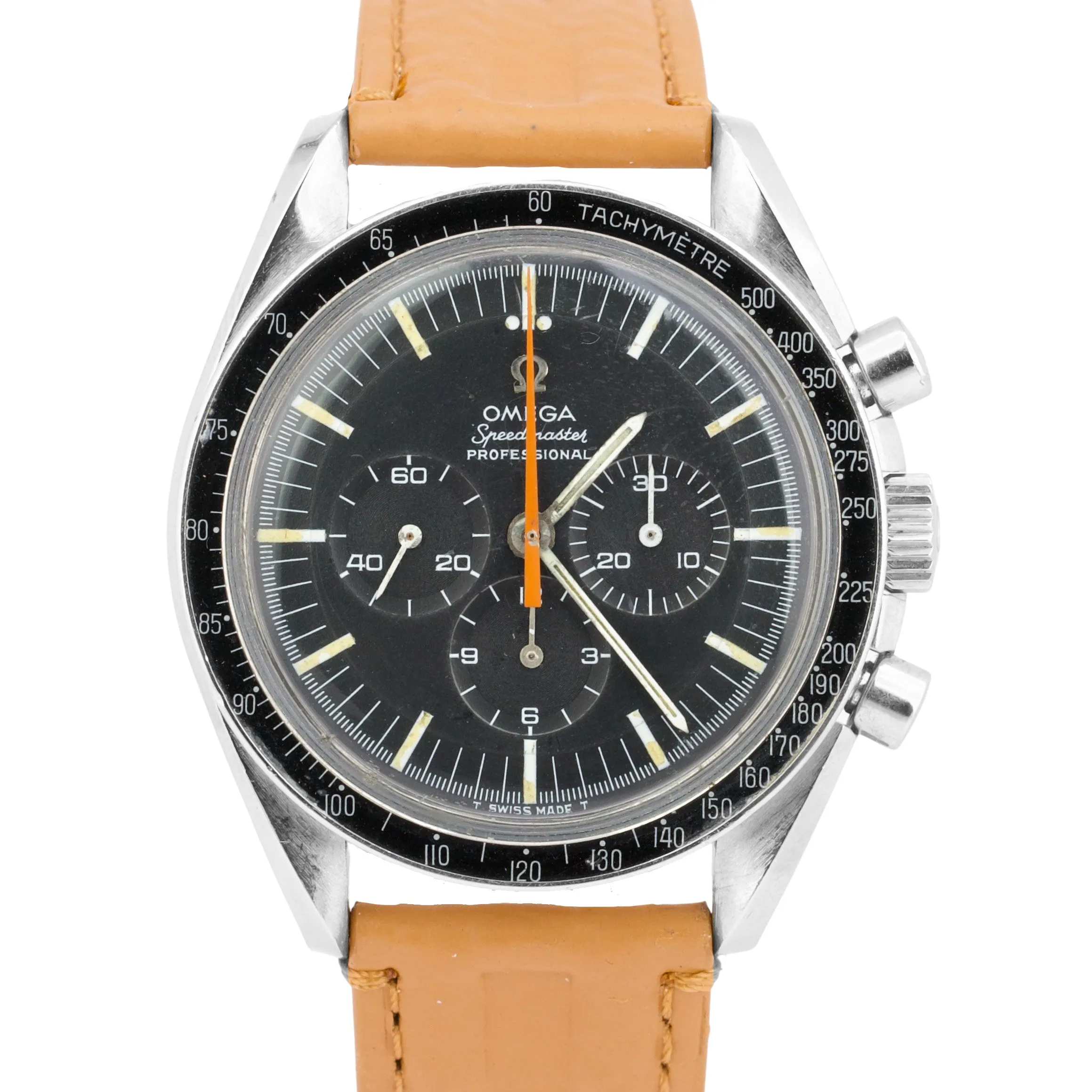 VINTAGE Omega Speedmaster ORANGE HAND Manual Black Leather 42mm Steel 145.012-67