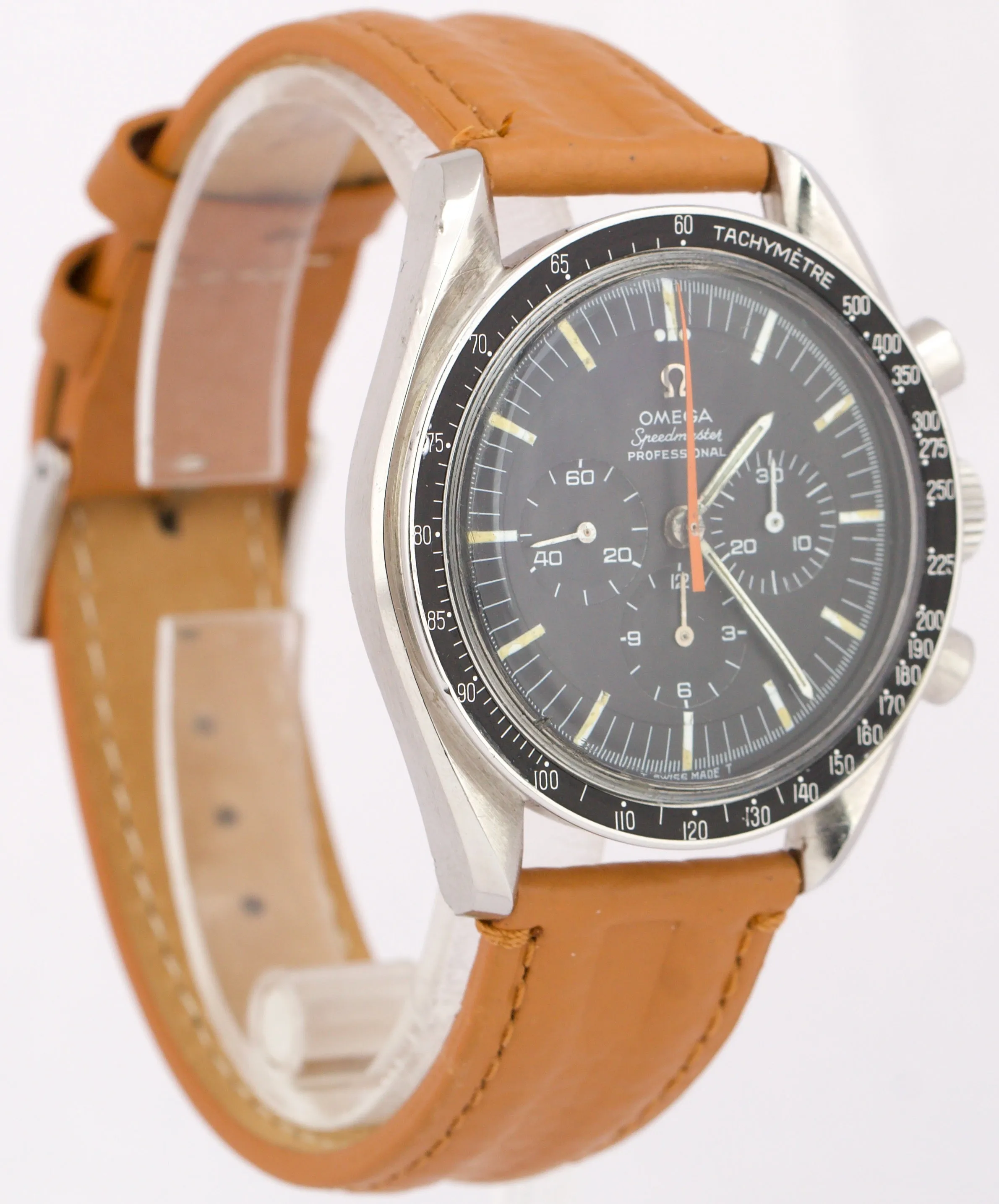 VINTAGE Omega Speedmaster ORANGE HAND Manual Black Leather 42mm Steel 145.012-67