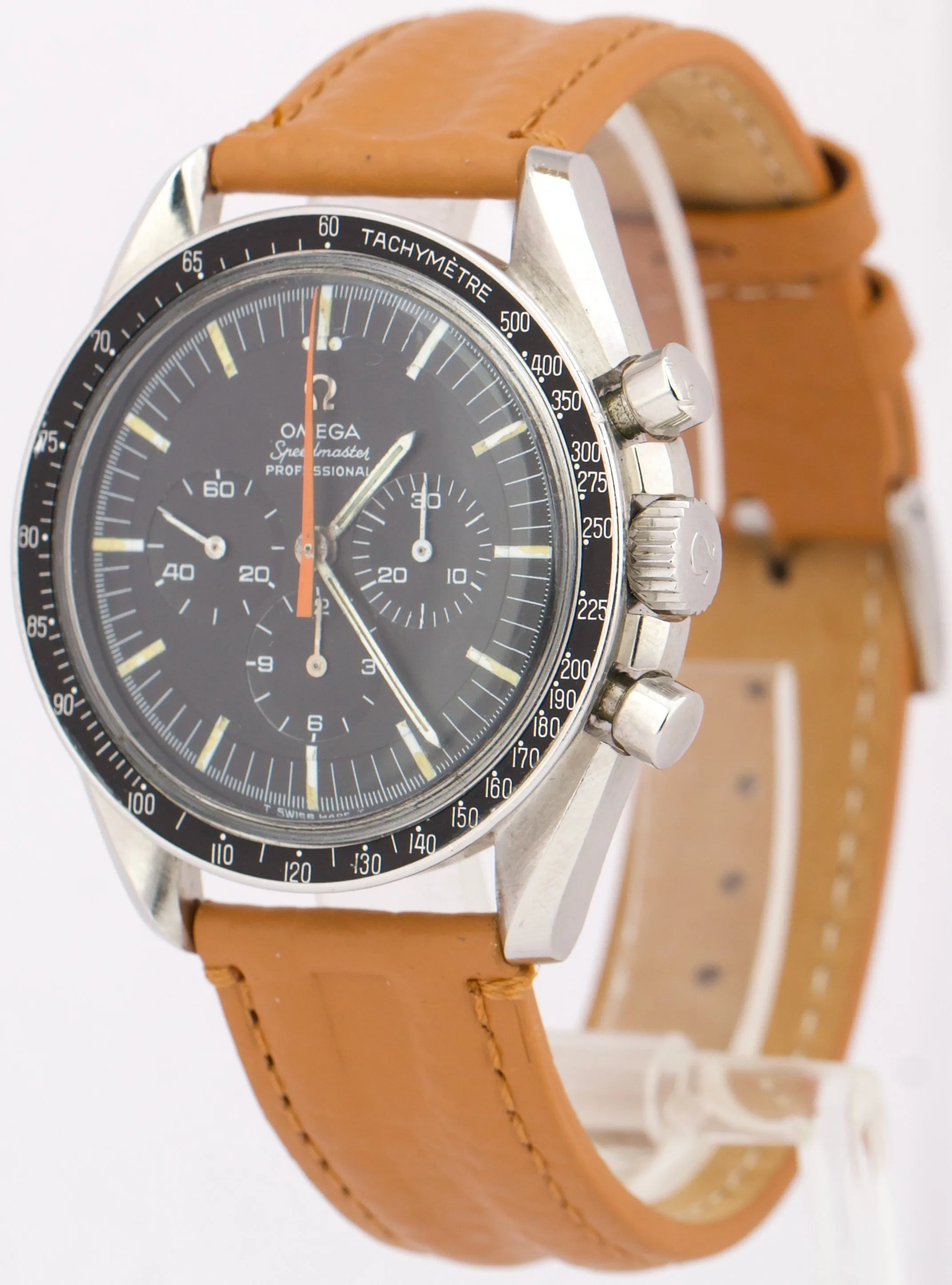VINTAGE Omega Speedmaster ORANGE HAND Manual Black Leather 42mm Steel 145.012-67