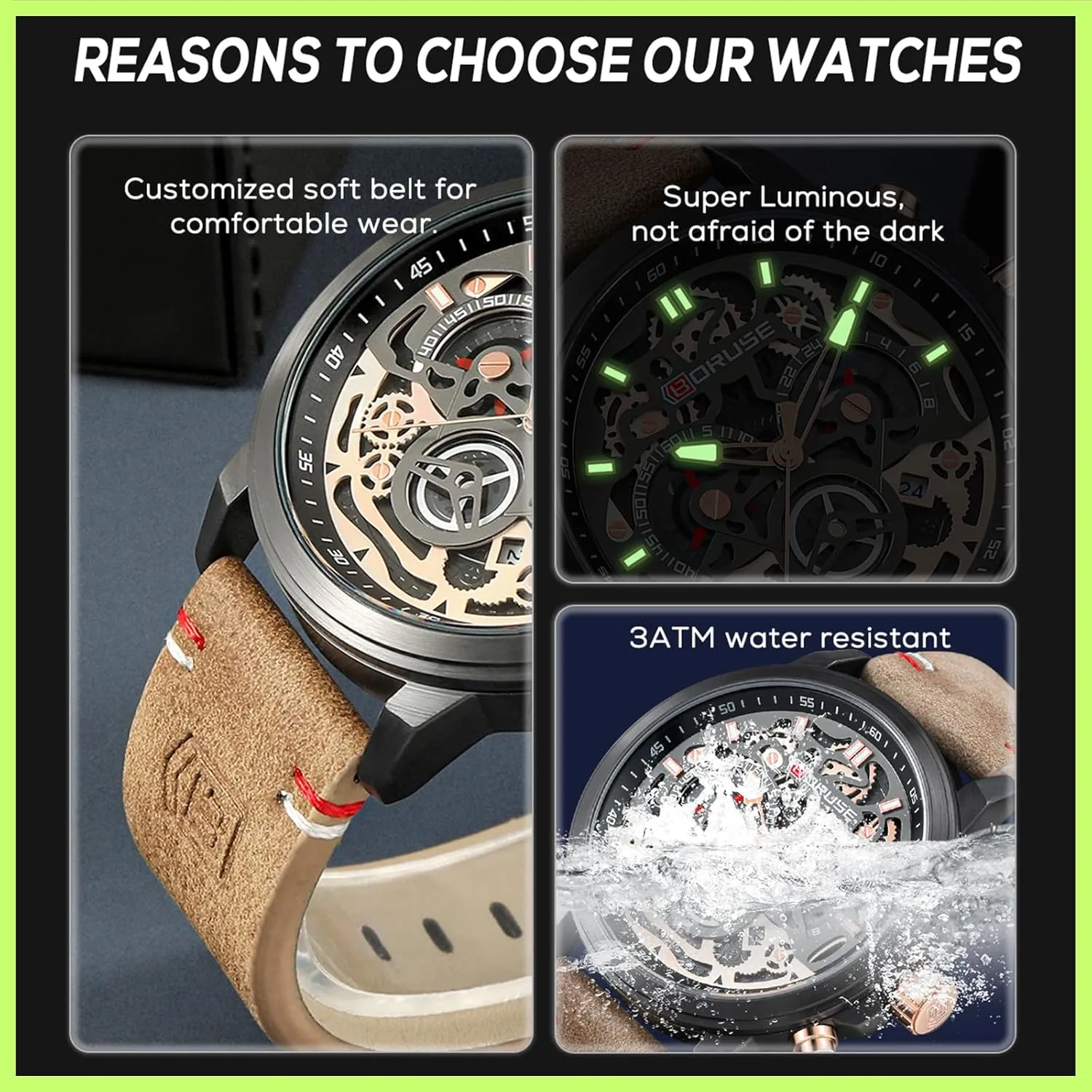 Watches for Men Business Chronograph Big Face Skeleton Quartz Watch