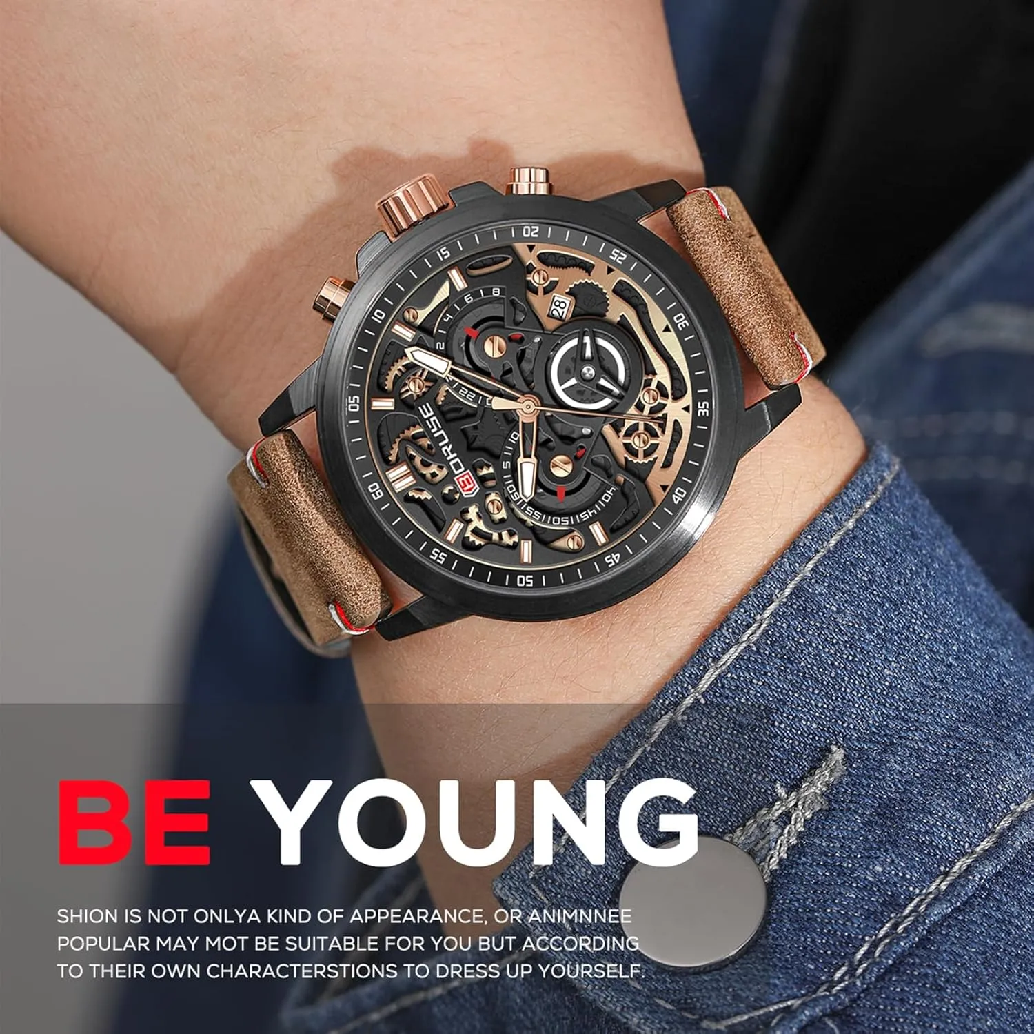 Watches for Men Business Chronograph Big Face Skeleton Quartz Watch