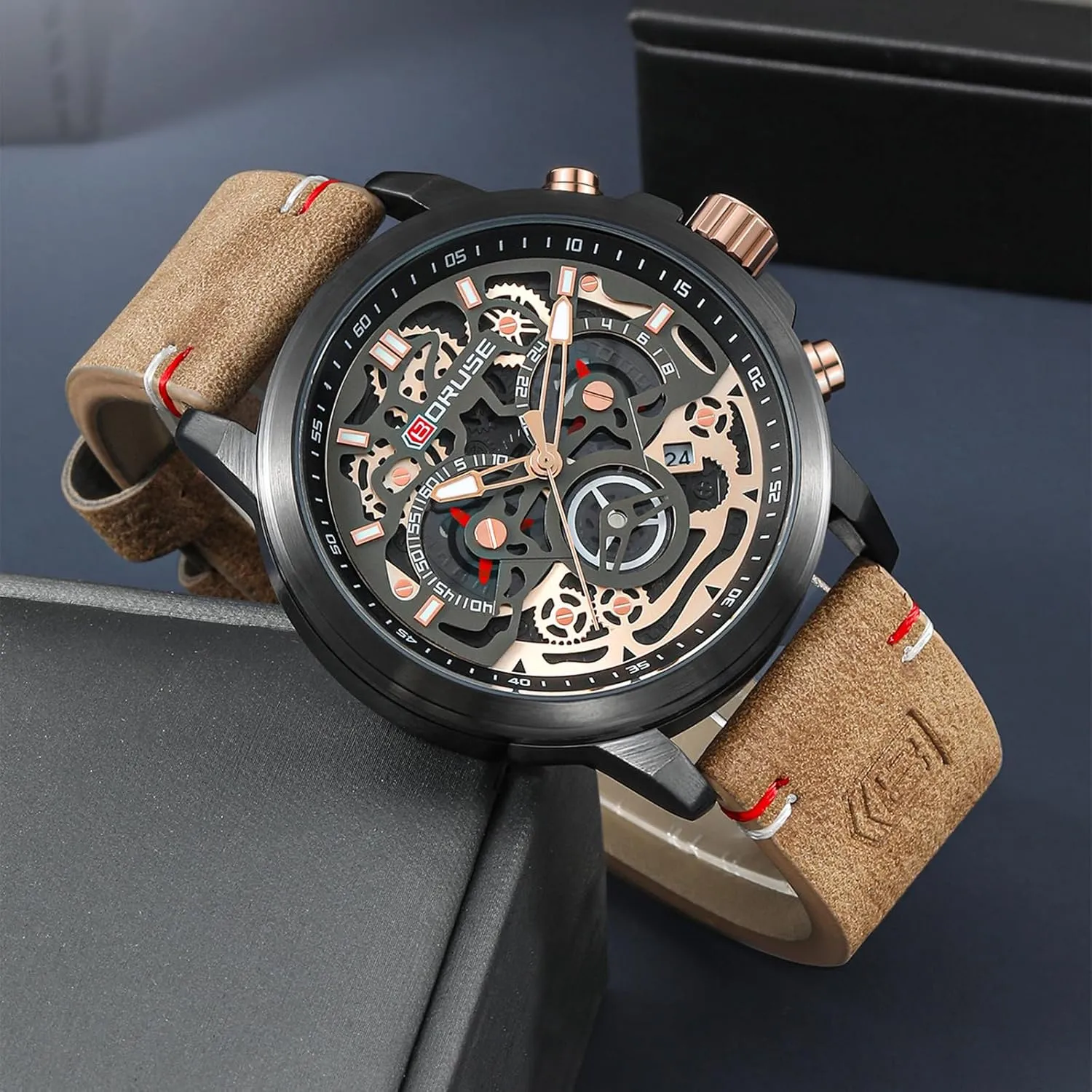 Watches for Men Business Chronograph Big Face Skeleton Quartz Watch