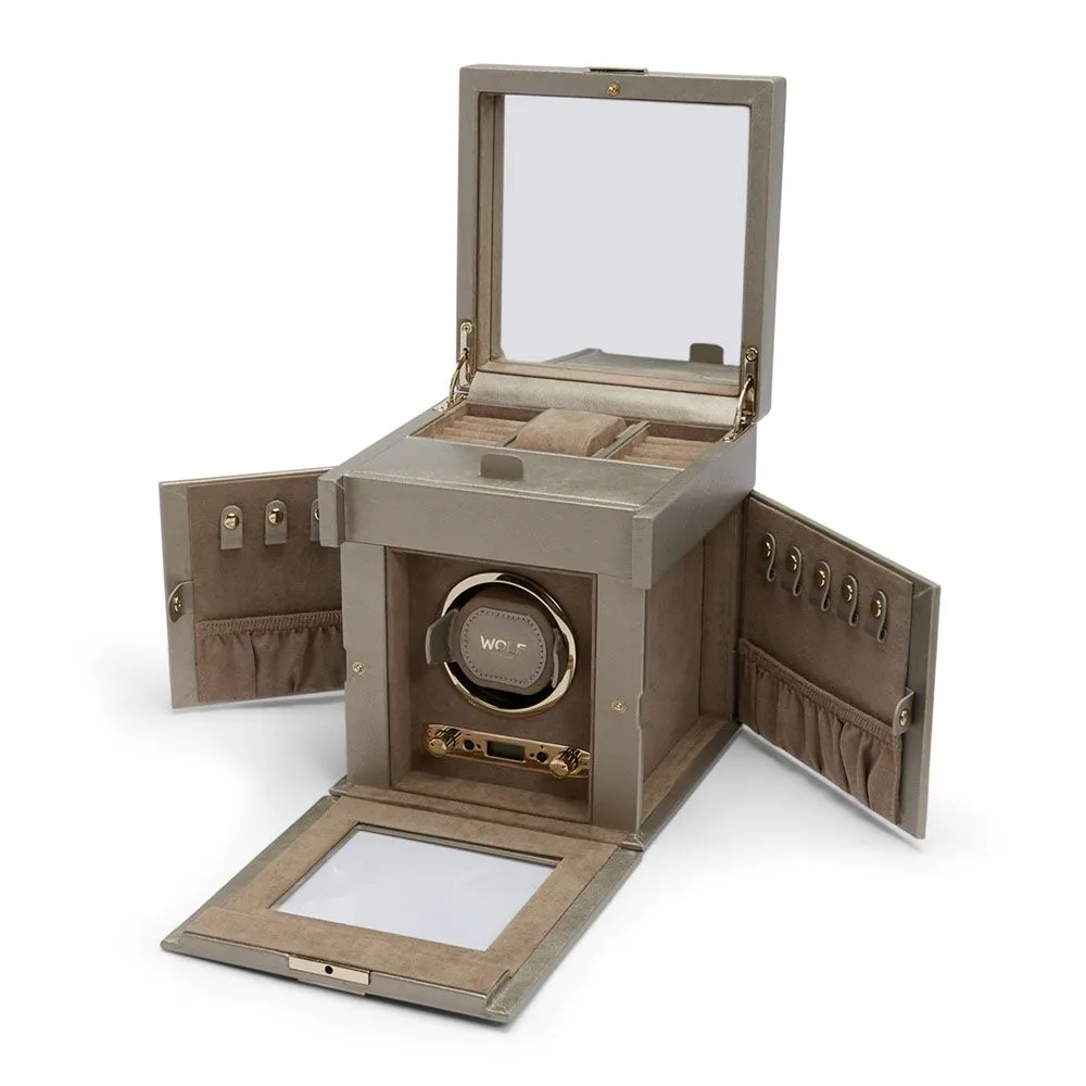 WOLF Palermo Single Watch Winder With Jewelry Storage - Pewter