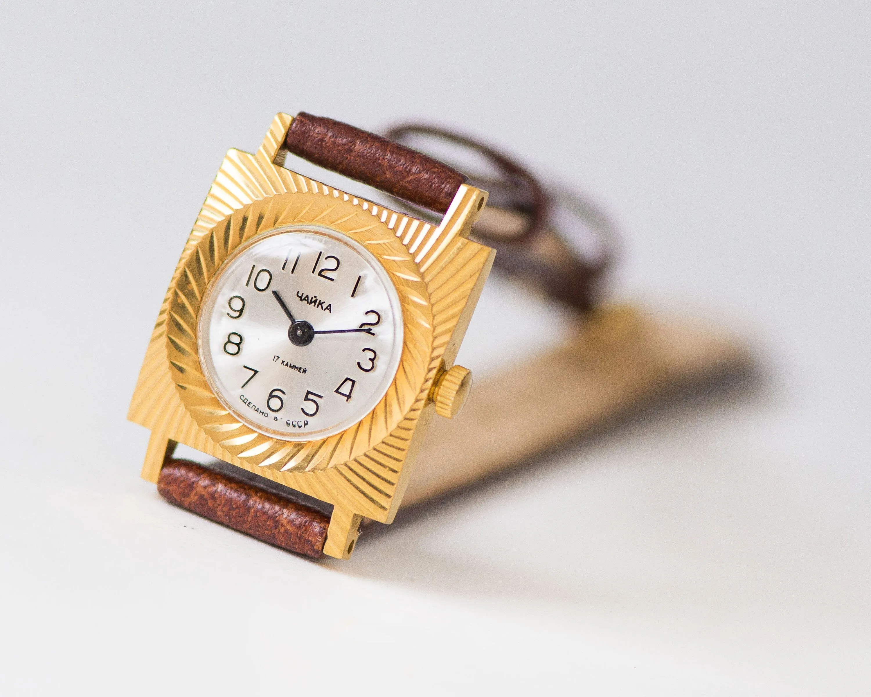 Women watch gold plated swirl sunburst case, square women watch Seagull gift, rare vintage watch for women Arabic numerals, new luxury strap