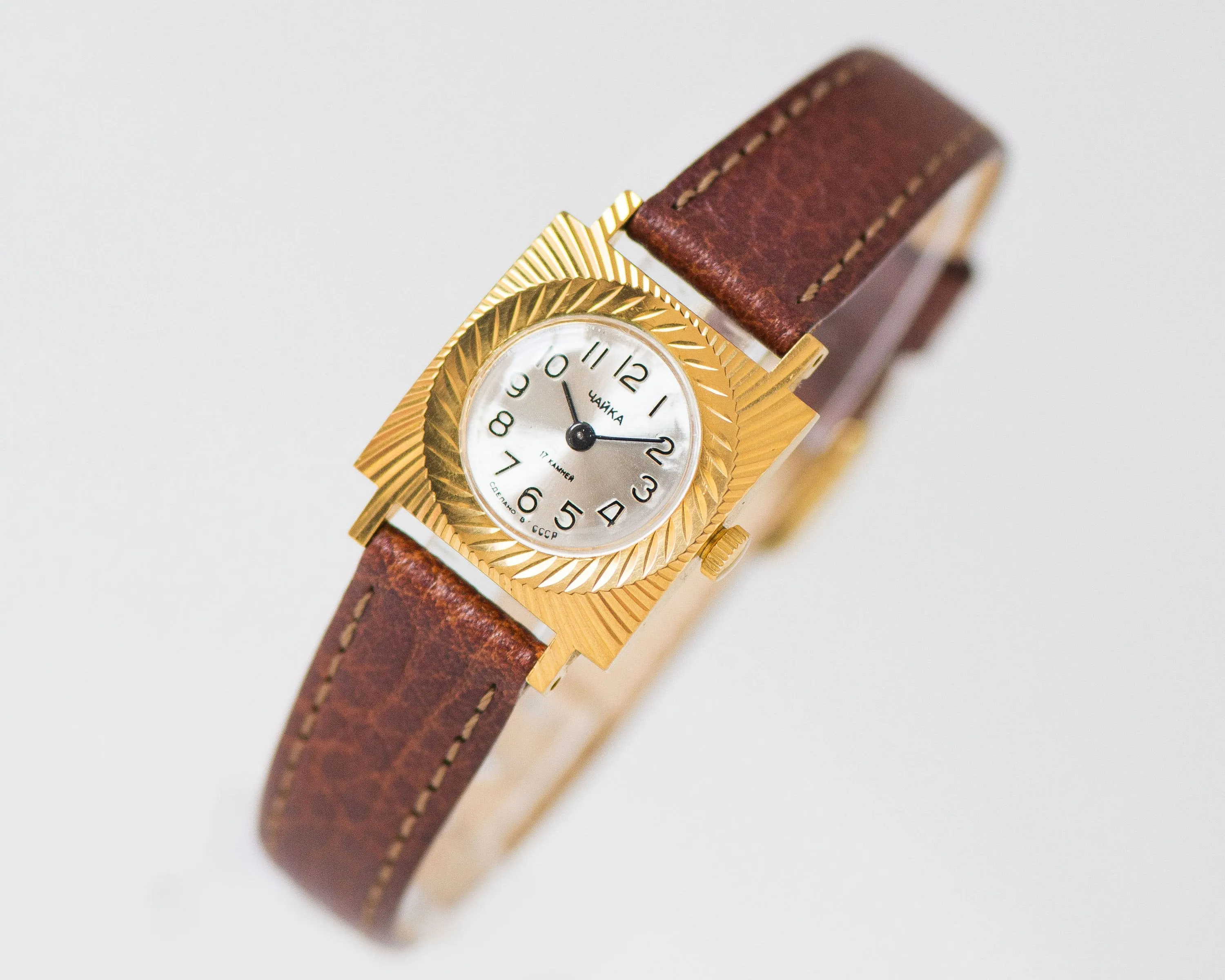 Women watch gold plated swirl sunburst case, square women watch Seagull gift, rare vintage watch for women Arabic numerals, new luxury strap