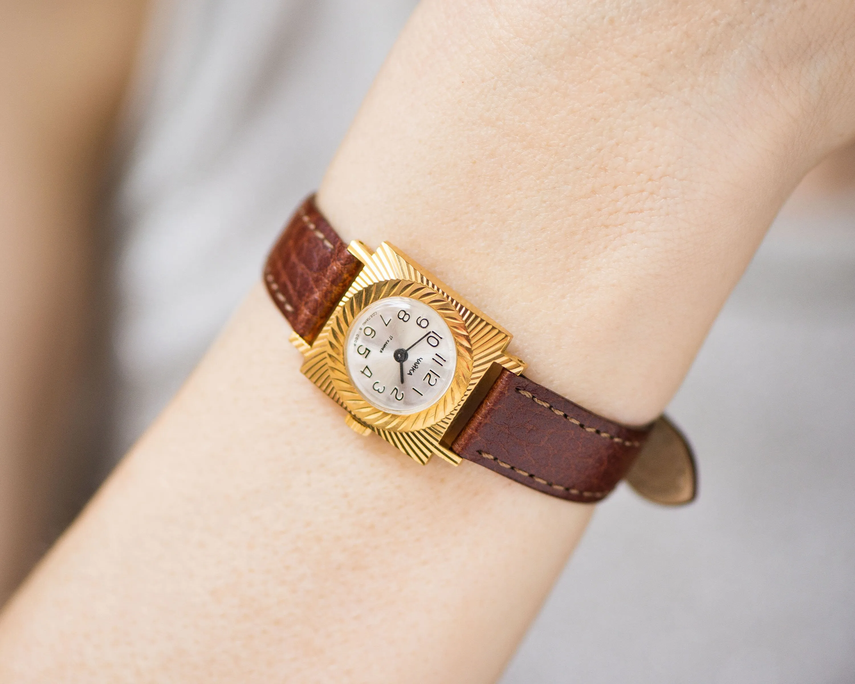 Women watch gold plated swirl sunburst case, square women watch Seagull gift, rare vintage watch for women Arabic numerals, new luxury strap