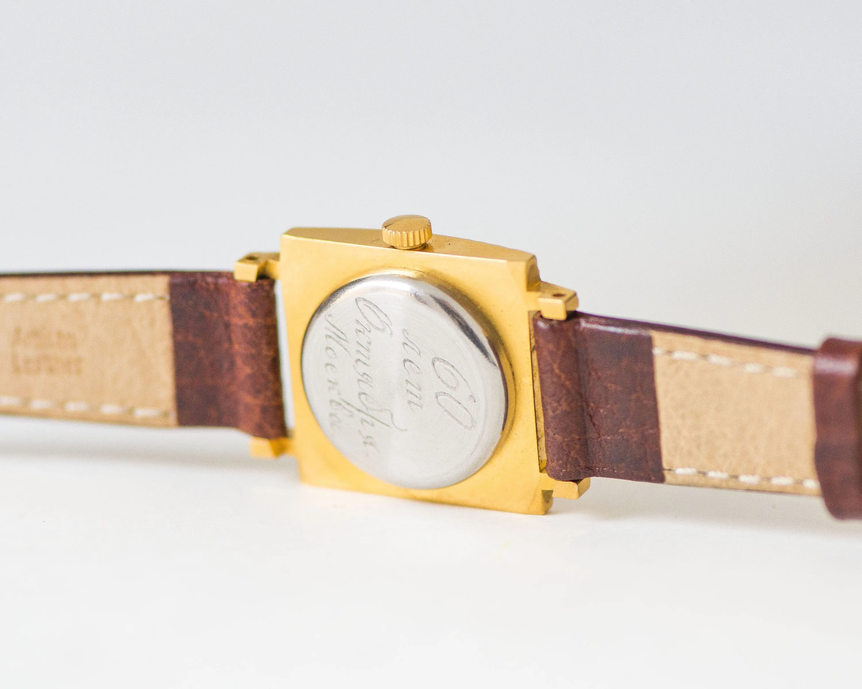 Women watch gold plated swirl sunburst case, square women watch Seagull gift, rare vintage watch for women Arabic numerals, new luxury strap