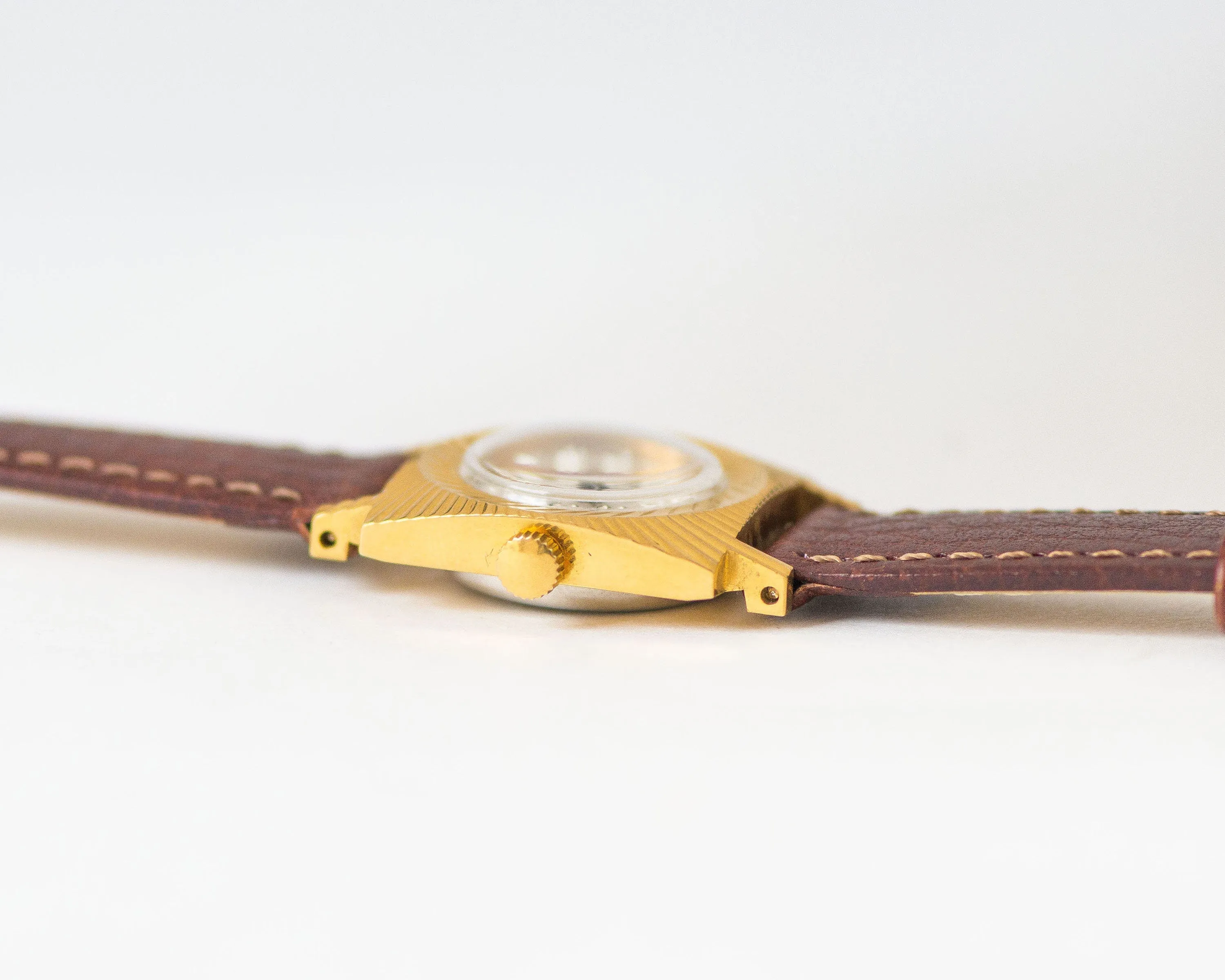 Women watch gold plated swirl sunburst case, square women watch Seagull gift, rare vintage watch for women Arabic numerals, new luxury strap