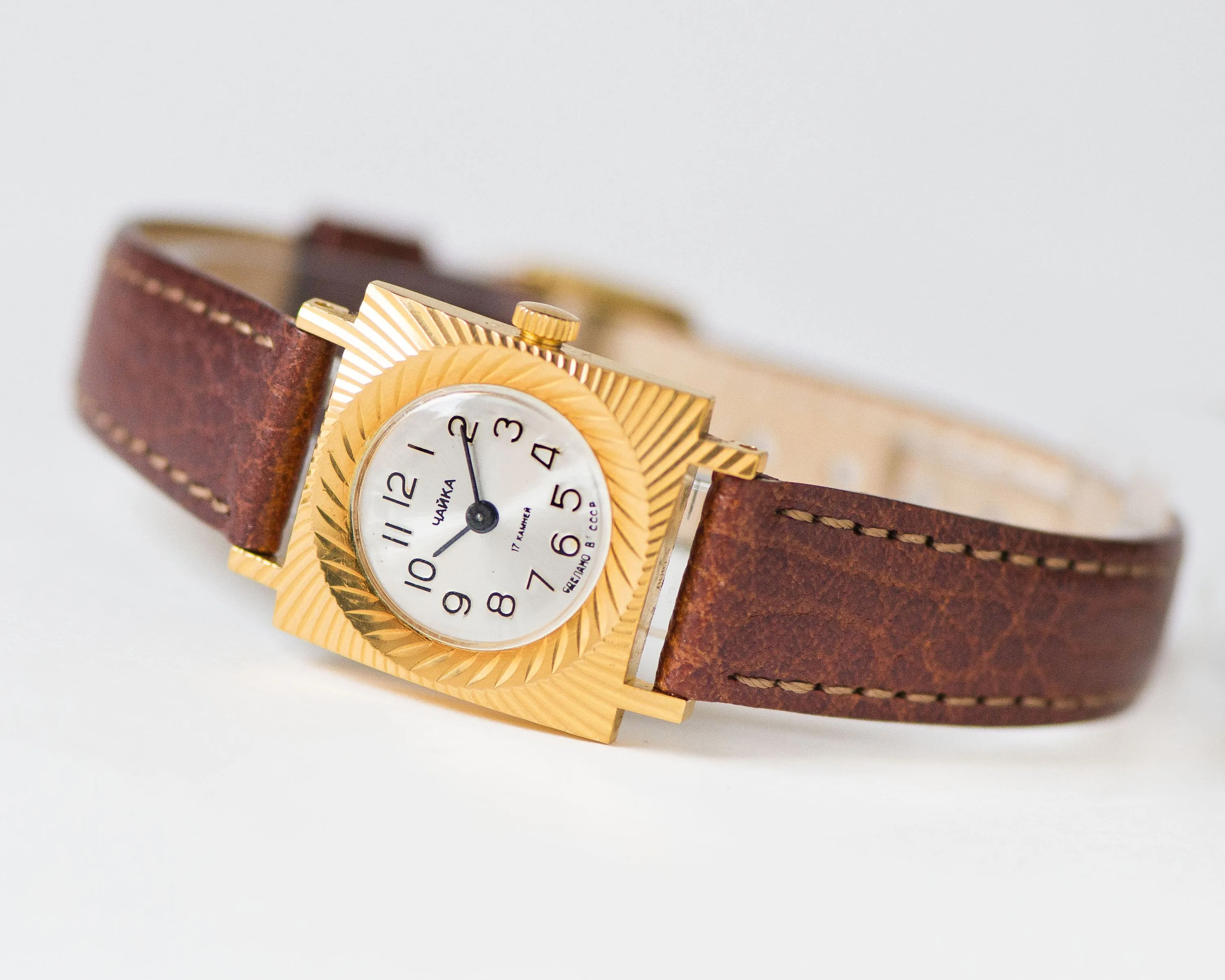 Women watch gold plated swirl sunburst case, square women watch Seagull gift, rare vintage watch for women Arabic numerals, new luxury strap