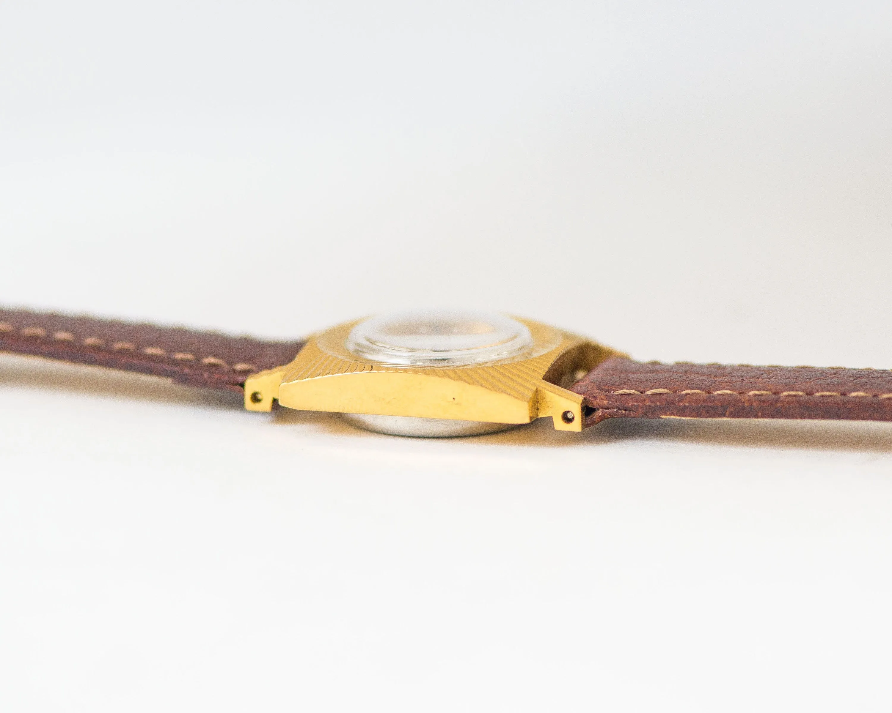 Women watch gold plated swirl sunburst case, square women watch Seagull gift, rare vintage watch for women Arabic numerals, new luxury strap