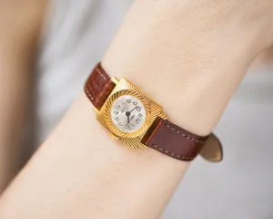 Women watch gold plated swirl sunburst case, square women watch Seagull gift, rare vintage watch for women Arabic numerals, new luxury strap