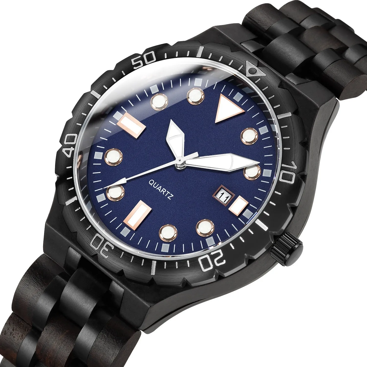 Wrolex Navy - Black Plated Stainless Steel & Ebony Wood Watch
