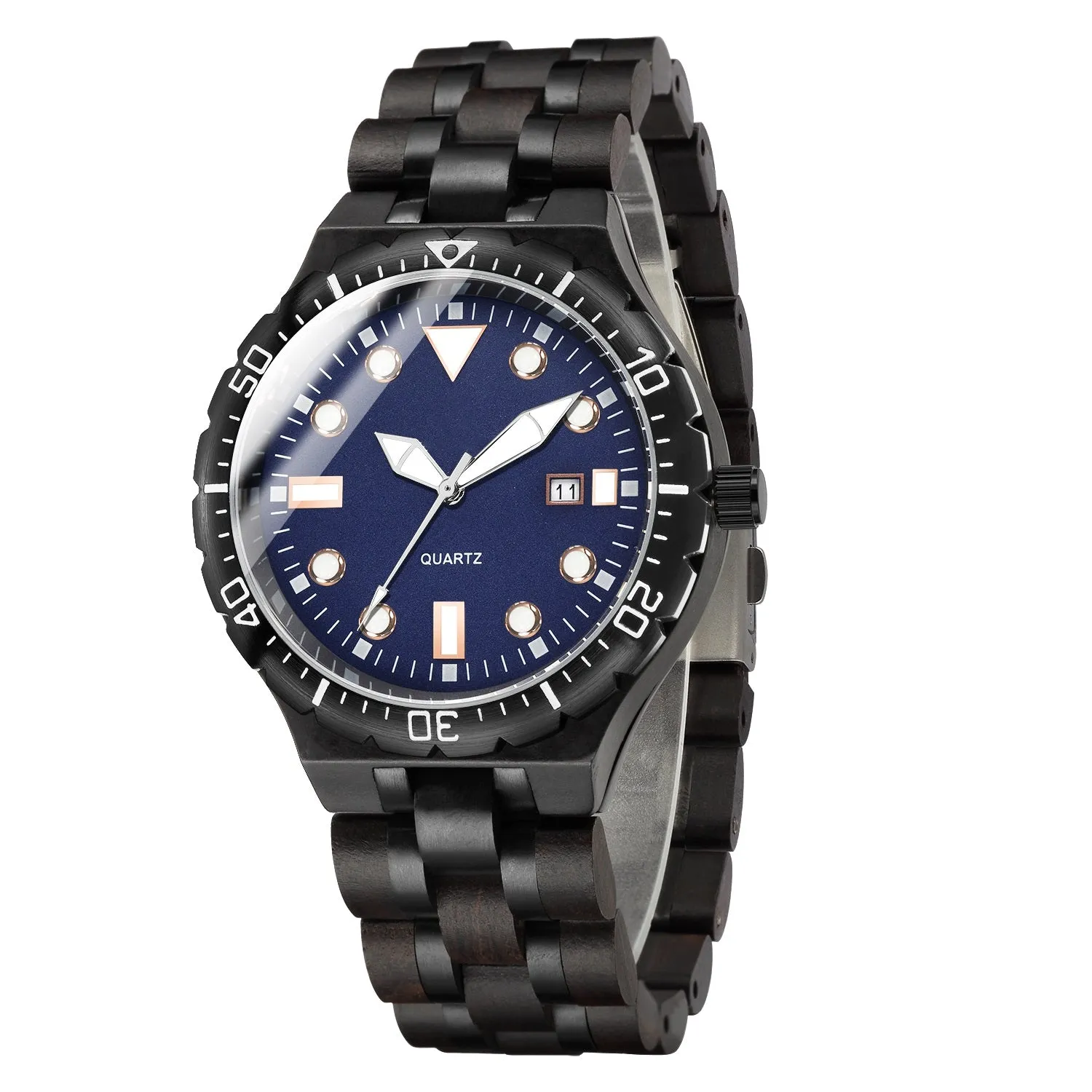 Wrolex Navy - Black Plated Stainless Steel & Ebony Wood Watch